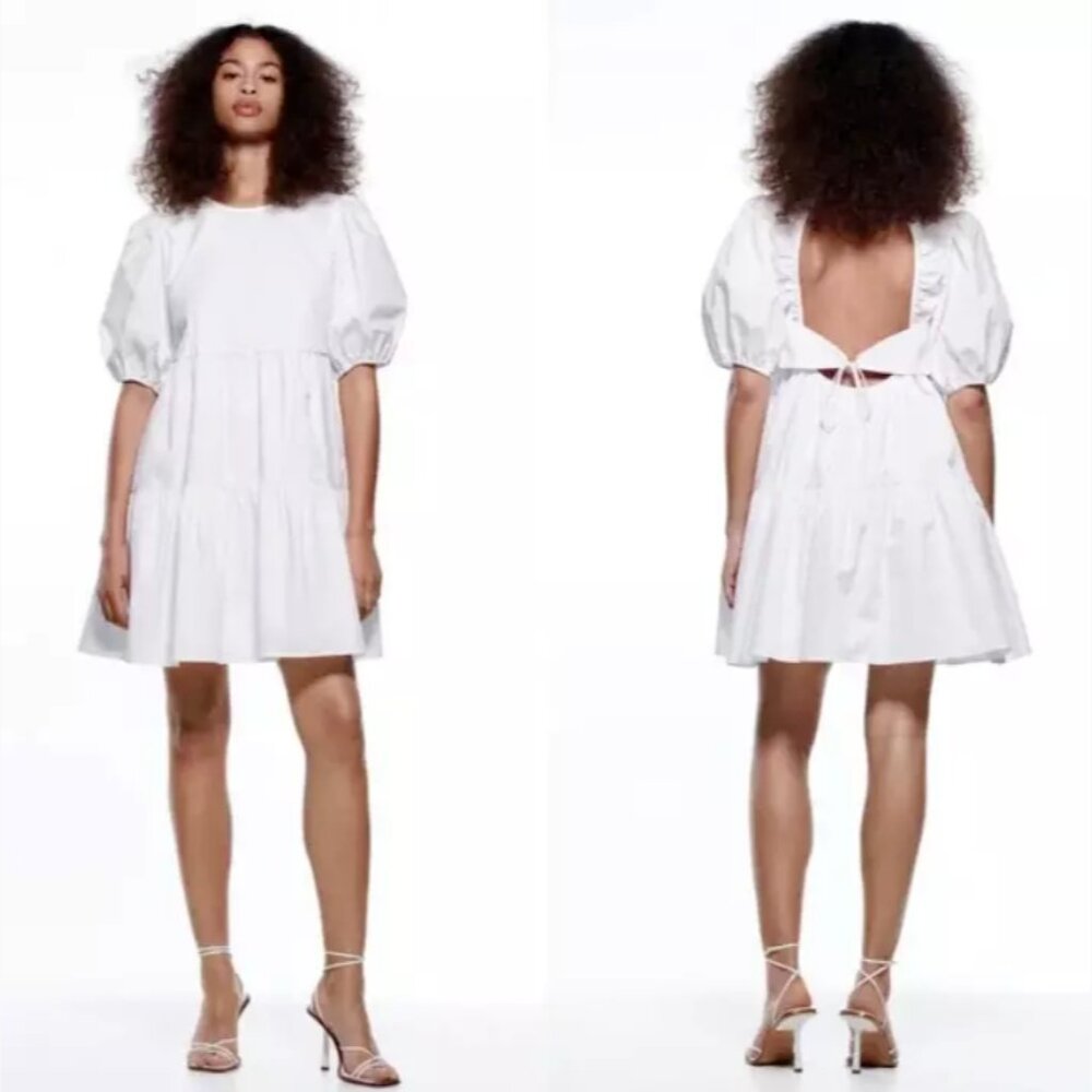 NWT Zara Tiered Puff Sleeve Cut out Back Poplin Cotton Dress White Size XS